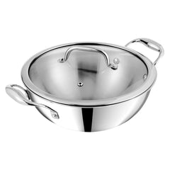 Vinod Platinum Triply Stainless Steel Extra Deep Kadai with Glass Lid