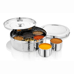 VINOD Hammered Stainless Steel Masala Dabba / Spice Box with 7 Containers, Spoon & Inner Lid, Rust Resistant, High-Quality