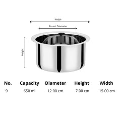 VINOD Stainless Steel Induction Friendly Flat Bottom Tope without Lid 650 ml No 9 with Mirror Finish, Highest Grade Steel and Rust free