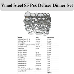 Vinod 85 Pieces Deluxe Stainless Steel Dinner Set, Rust-Free Heavy Gauge Steel, Mirror Finish, Dishwasher Safe and ISI Certified