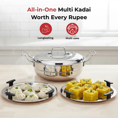 Doniv Stainless Steel Induction Bottom Multi Kadhai with 5 Plates (2 Idli, 1 Mini Idli, 1 Patra/Momos, 2 Khaman / Dhokla)