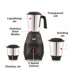 BOSS Bravo 500W Mixer Grinder with Powerful Motor, 3 SS Jars, 2 years warranty
