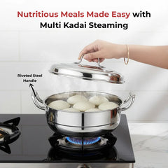 Doniv Triply Stainless Steel 6 Plates and 1 Multipurpose Kadai Steamer for Idli, Dhokla, Momos Heavy Guage Idli Dhokla Cooker Induction & Gas Stove Compatible (2 Idli, 1 Mini Idli, 1 Patra/Momos, 2 Khaman / Dhokla)