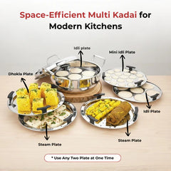 Doniv Triply Stainless Steel 6 Plates and 1 Multipurpose Kadai Steamer for Idli, Dhokla, Momos Heavy Guage Idli Dhokla Cooker Induction & Gas Stove Compatible (2 Idli, 1 Mini Idli, 1 Patra/Momos, 2 Khaman / Dhokla)