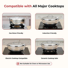 Doniv Stainless Steel Induction Bottom Multi Kadhai with 5 Plates (2 Idli, 1 Mini Idli, 1 Patra/Momos, 2 Khaman / Dhokla)