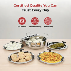 Doniv Stainless Steel Induction Bottom Multi Kadhai with 5 Plates (2 Idli, 1 Mini Idli, 1 Patra/Momos, 2 Khaman / Dhokla)