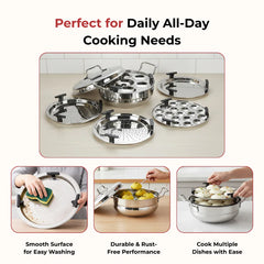 Doniv Stainless Steel Induction Bottom Multi Kadhai with 5 Plates (2 Idli, 1 Mini Idli, 1 Patra/Momos, 2 Khaman / Dhokla)