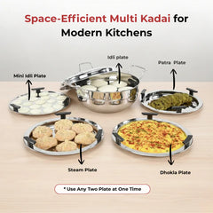 Doniv Stainless Steel Induction Bottom Multi Kadhai with 5 Plates (2 Idli, 1 Mini Idli, 1 Patra/Momos, 2 Khaman / Dhokla)