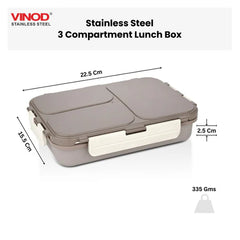 VINOD Stainless Steel Tiffin 3 Compartment Airtight Silicone-Sealed Lid, Food-Grade Steel, Secure Clips and Insulated