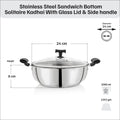DONIV Stainless Steel Sandwich Bottom Solitaire Kadhai With Glass Lid & Side handle, Induction Friendly