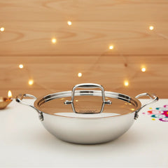 Doniv Titanium Triply Stainless Steel Kadhai with Steel Lid , Induction Friendly
