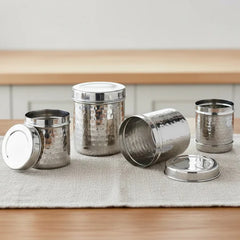 VINOD Stainless Steel Hammered Deep Dabba Set of 4 - Capacity: 3500 ml, 4500 ml, 5000 ml & 6000 ml with High Grade Steel & Airtight Lids