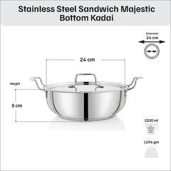 Doniv Stainless Steel Sandwich Majestic Bottom Kadai with Steel Lid – Induction Friendly