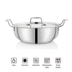 Doniv Stainless Steel Sandwich Majestic Bottom Kadai with Steel Lid – Induction Friendly