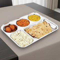 Vinod Stainless Steel 5 Compartment Mess Tray with Round Edges / Rectangle Steel Thali / Lunch & Dinner Plate/ Bhojan Thali – 2Pcs