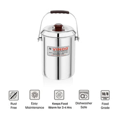 VINOD Stainless Steel Deluxe Hot Tiffin with 4 Compartments, Rust Free, Leak Proof, Insulated and Dishwasher Safe