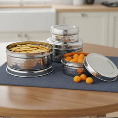VINOD Stainless Steel Hammered Puri Dabba Set of 4 - Capacity: 1200 ml, 1500 ml, 2100 ml, 2500 ml, Heavy Gauge Steel, Airtight Lids & Rust Free