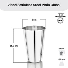Vinod Stainless Steel Plain Glass, Set of 6 Pieces, No.8 – Capacity 400 ml