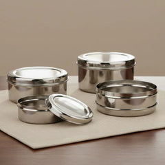 VINOD Stainless Steel Puri Dabba Set of 4 - Capacity: 300 ml, 450ml, 650ml, 1000 ml, Heavy Gauge Steel, Mirror Finish, Airtight Lids & Rust Free