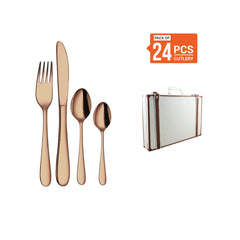 Stainless Steel 24 PCS Cutlery Set (6 Pcs Tea Spoon, 6 Pcs Dessert Spoo, 6 Pcs Dessert Fork and 6 Pcs Dessert Knife) with Leather Box and PVD Rose Gold Coating Jasmine