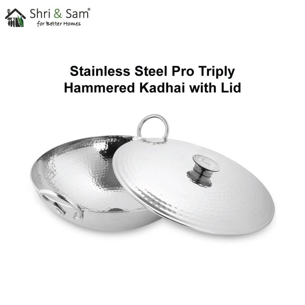 Engrave Stainless Steel Triply Deep Hammered Kadhai with SS Lid Pro