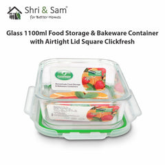 Glass 1100ml Food Storage & Bakeware Container with Airtight Lid Square Clickfresh