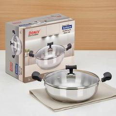 DONIV Stainless Steel Sandwich Bottom Solitaire Kadhai With Glass Lid & Side handle, Induction Friendly