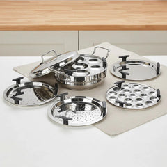 Doniv Stainless Steel Induction Bottom Multi Kadhai with 5 Plates (2 Idli, 1 Mini Idli, 1 Patra/Momos, 2 Khaman / Dhokla)
