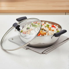DONIV Stainless Steel Sandwich Bottom Solitaire Kadhai With Glass Lid & Side handle, Induction Friendly