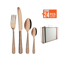 Stainless Steel 24 PCS Cutlery Set (6 Pcs Tea Spoon, 6 Pcs Dessert Spoon, 6 Pcs Dessert Fork and 6 Pcs Dessert Knife) with Leather Box and PVD Rose Gold & Laser Monika
