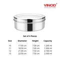 VINOD Stainless Steel Puri Dabba Set of 4 - Capacity: 1200 ml, 1500 ml, 2100 ml, 2500 ml, Heavy Gauge Steel, Airtight Lids & Mirror Finish