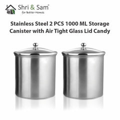 Stainless Steel 2 PCS 1000 ML Storage Canister with Air Tight Glass Lid Candy