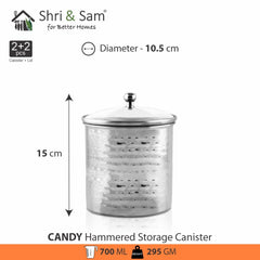 Stainless Steel 2 PCS 700 ML Hammered Storage Canister with Air Tight Glass Lid Candy