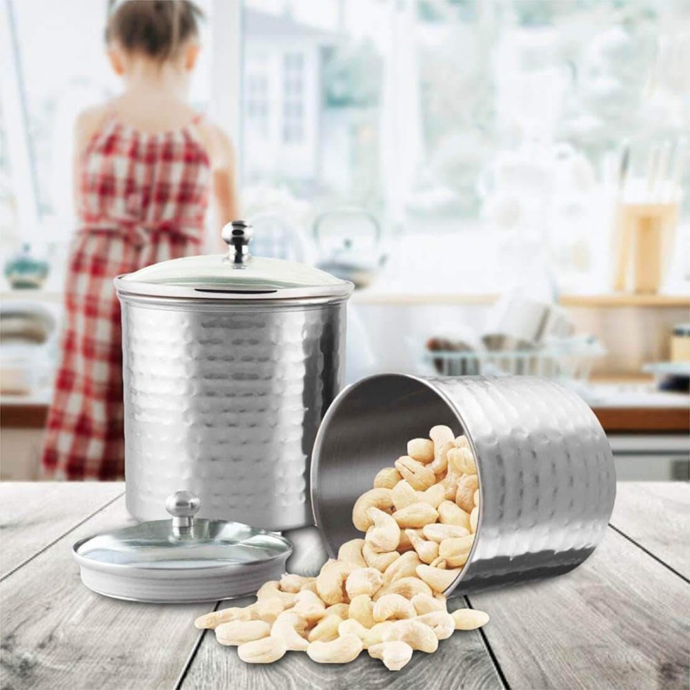 Stainless Steel 2 PCS 700 ML Hammered Storage Canister with Air Tight Glass Lid Candy