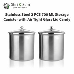 Stainless Steel 2 PCS 700 ML Storage Canister with Air Tight Glass Lid Candy