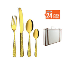 Stainless Steel 24 PCS Cutlery Set (6 Pcs Tea Spoon, 6 Pcs Dessert Spoon, 6 Pcs Dessert Fork and 6 Pcs Dessert Knife) with Leather Box and Gold PVD & Laser Monika
