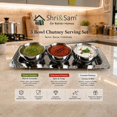 Stainless Steel 3 Bowl Chutney Serving Set with Tray