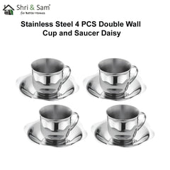 Stainless Steel 4 PCS Double Wall Cup and Saucer Daisy