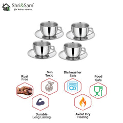 Stainless Steel 4 PCS Double Wall Cup and Saucer Espresso