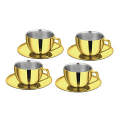 Stainless Steel 4 PCS Double Wall Cup and Saucer with Gold PVD Coating Espresso