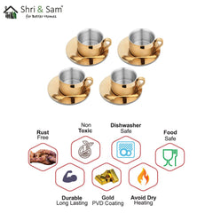 Stainless Steel 4 PCS Double Wall Cup and Saucer with Gold PVD Coating First Impression