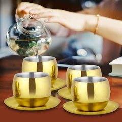 Stainless Steel 4 PCS Double Wall Cup and Saucer with Gold PVD Coating Nikki