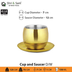 Stainless Steel 4 PCS Double Wall Cup and Saucer with Gold PVD Coating Nikki