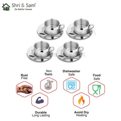 Stainless Steel 4 PCS Double Wall Cup and Saucer with Laser First Impression