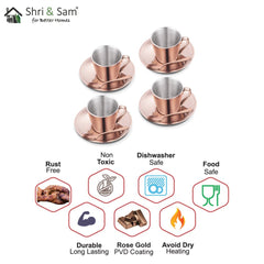 Stainless Steel 4 PCS Double Wall Cup and Saucer with Rose Gold PVD Coating Rise