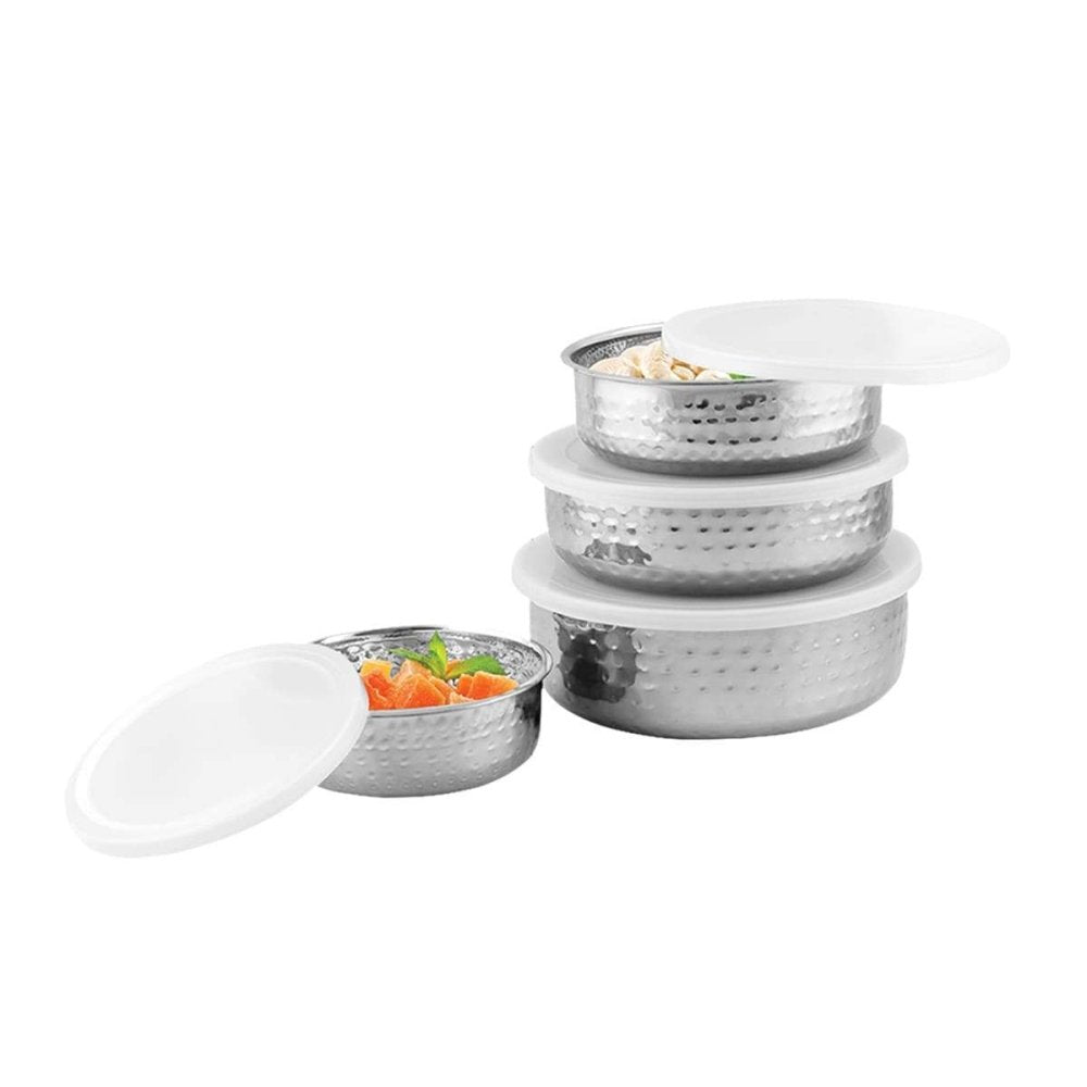 Stainless Steel 4 PCS Hammered Bowl with Plastic Lid