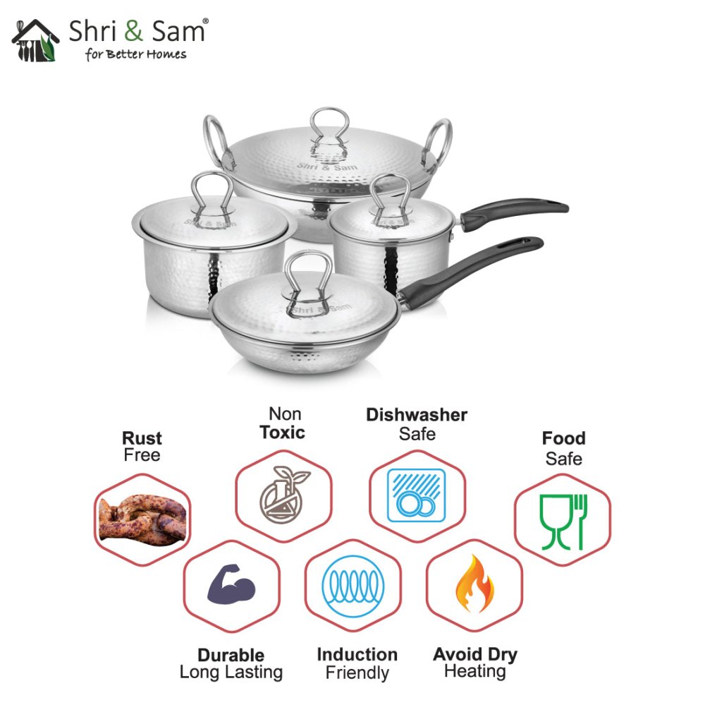 Stainless Steel 4 PCS Heavy Weight Hammered STARTER Cookware Set with Lid