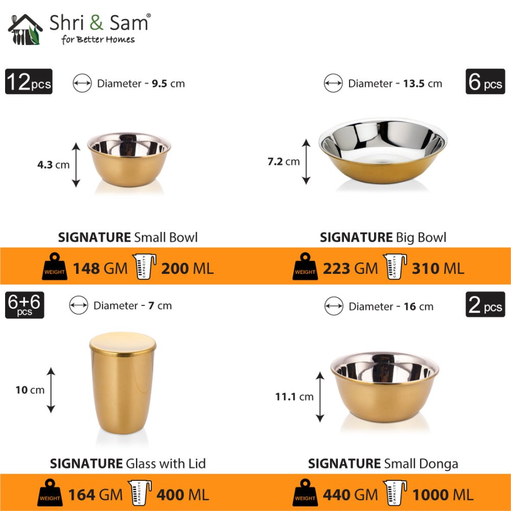 Stainless Steel 64 PCS Dinner Set (6 People) with Gold PVD Coating and Laser Signature - Shiny