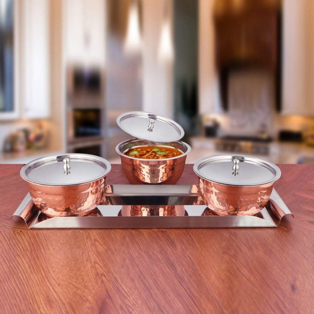 Stainless Steel Copper Hammered Serving Bowl Set with SS Lid and Tray Miska