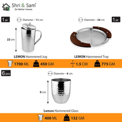 Stainless Steel Hammered Jug & Glasses Set Lemon